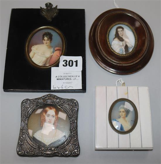 A collection of four miniatures of young women, after 18th / 19th century originals, largest 6 x 4cm